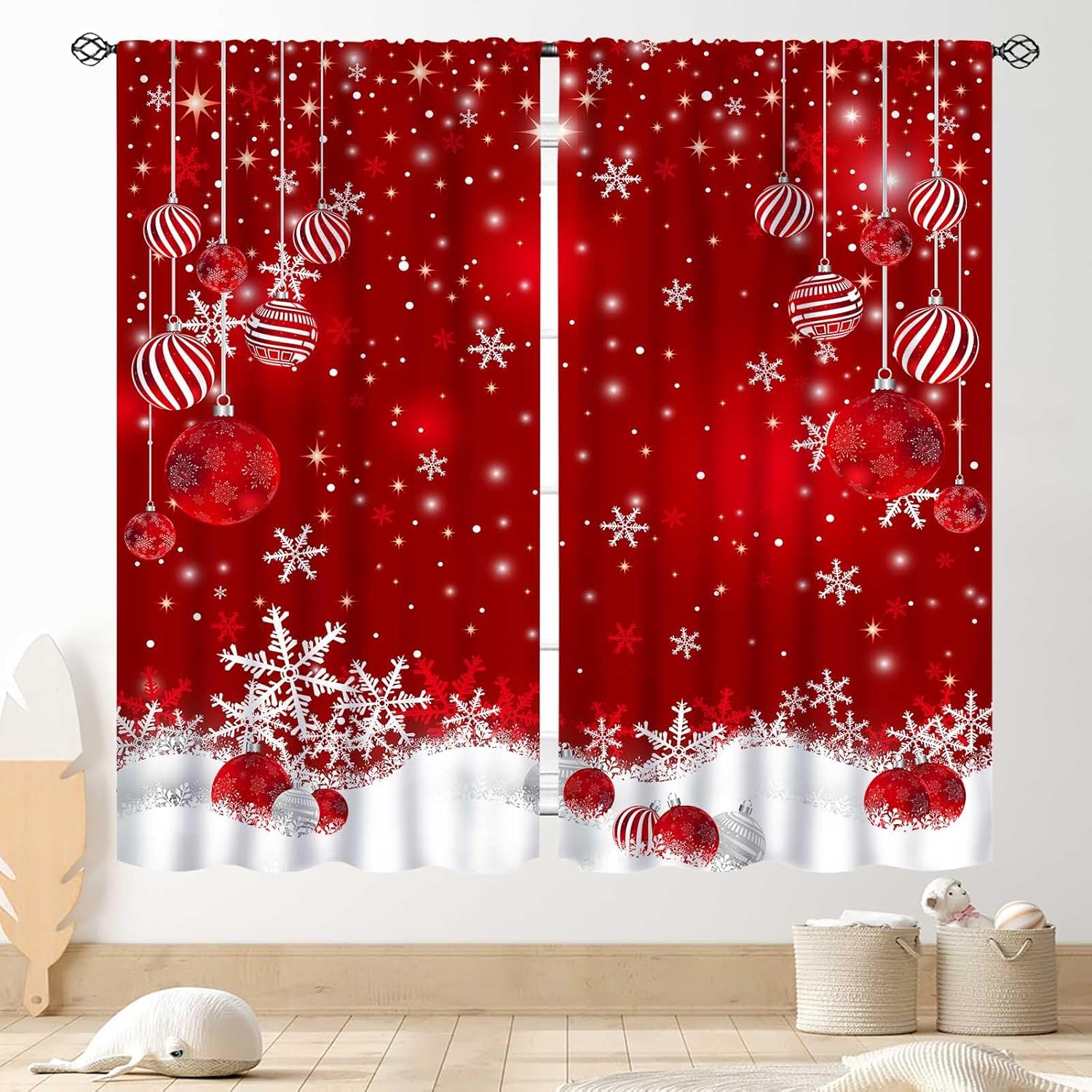 Christmas Curtains, Red White Snowflakes Xmas Merry Christmas New Year Winter Holiday Party Decor Window Drapery Treatments for Bedroom Living Room Kitchen Bathroom 2 Panels, 42"x54" Inch 21"W x 54"L (Pack of 2) Christmas-04