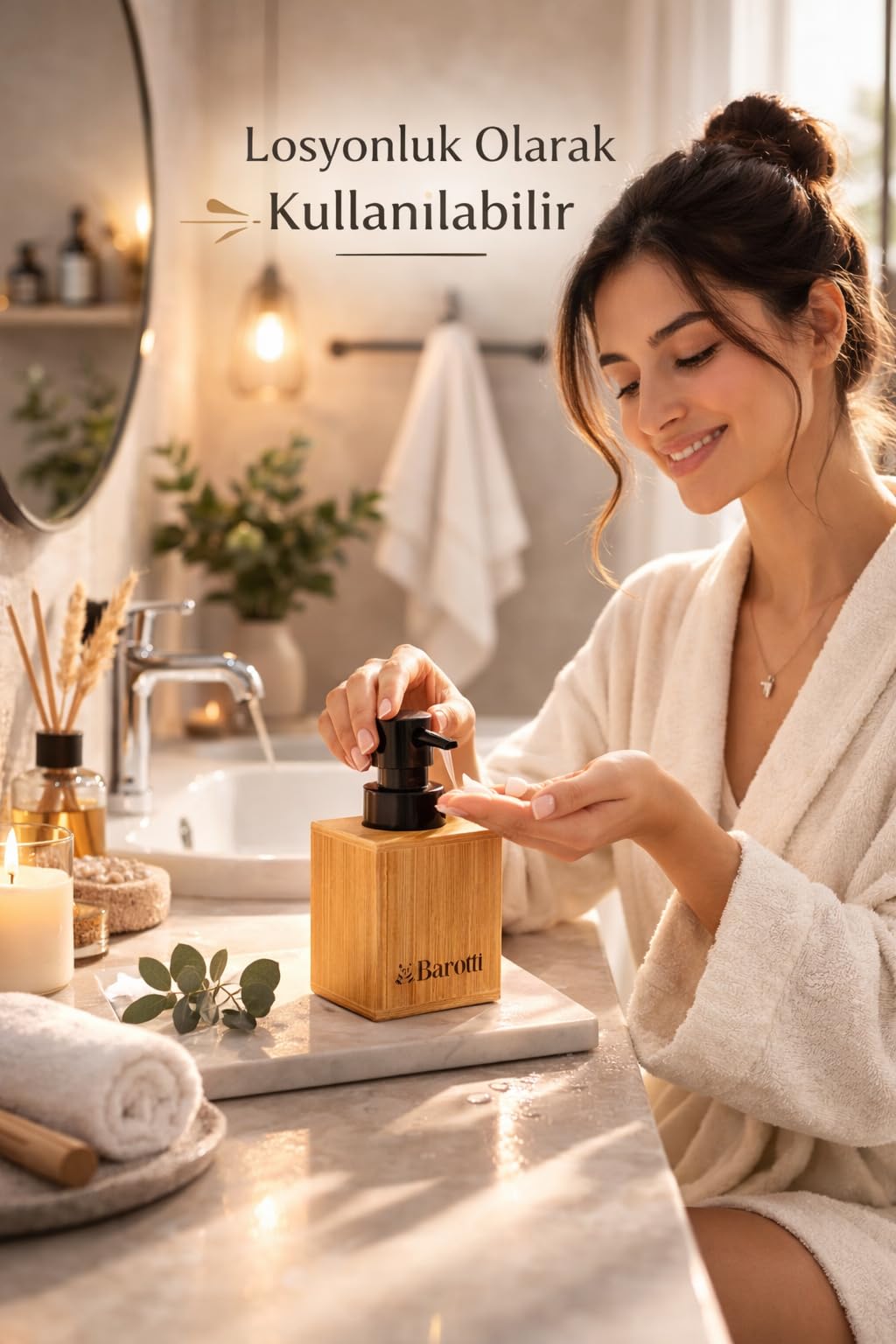 Barotti Modern Doğal Bambu Kare Sıvı Sabunluk, Lüks Tasarım Banyo ve Mutfak Sabun Dağıtıcı, Dayanıklı Kübik Tasarım, Siyah Pompalı