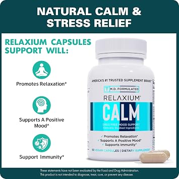 Relaxium Calm - Stress, Mood + Immune Support Supplement, Non-Habit Forming with Ashwagandha, 5-HTP & GABA, Mushroom Blend. Made in USA, 60 Capsules