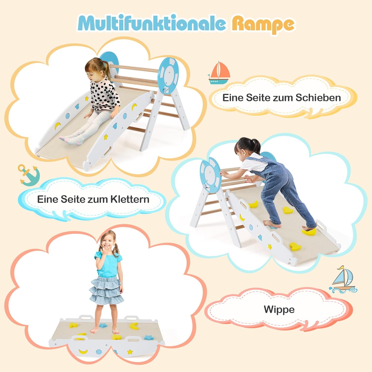 8-in-1 Montessori Climbing Triangle Set with Slide, Wooden Climbing Arch for Toddlers from 1 Years, Climbing Toy, Indoor Climbing Frame for Children's Room (White, Sea Ladder)