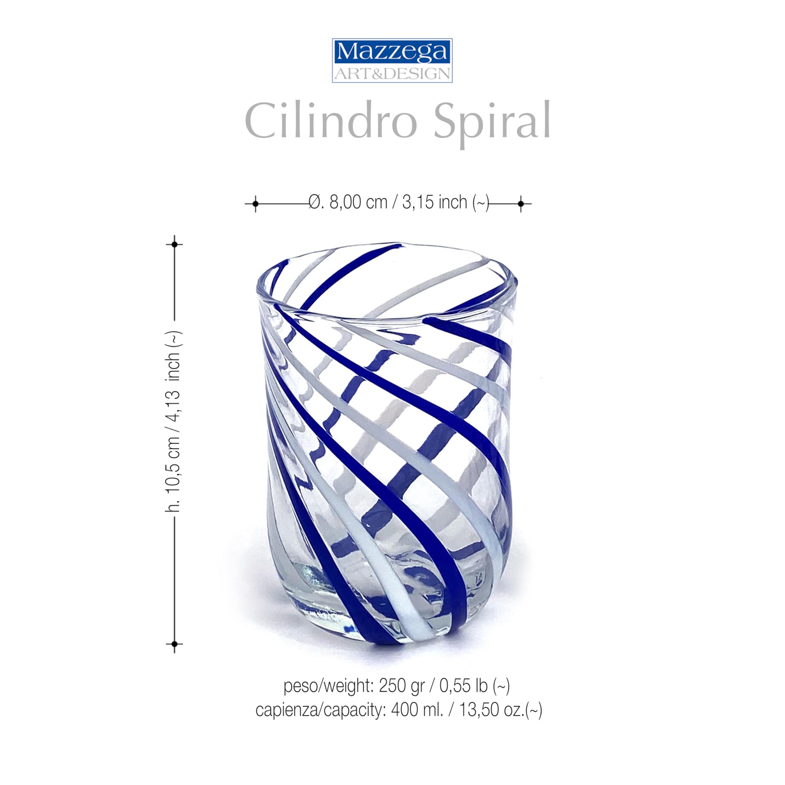MAZZEGA ART & DESIGN - 6 szklanek na wodę - Cylinder SPIRAL - ze szkła, dmuchane i ręcznie wykonane ze szkła murano, 400 ml - Made in Italy (6, MIX-SR)