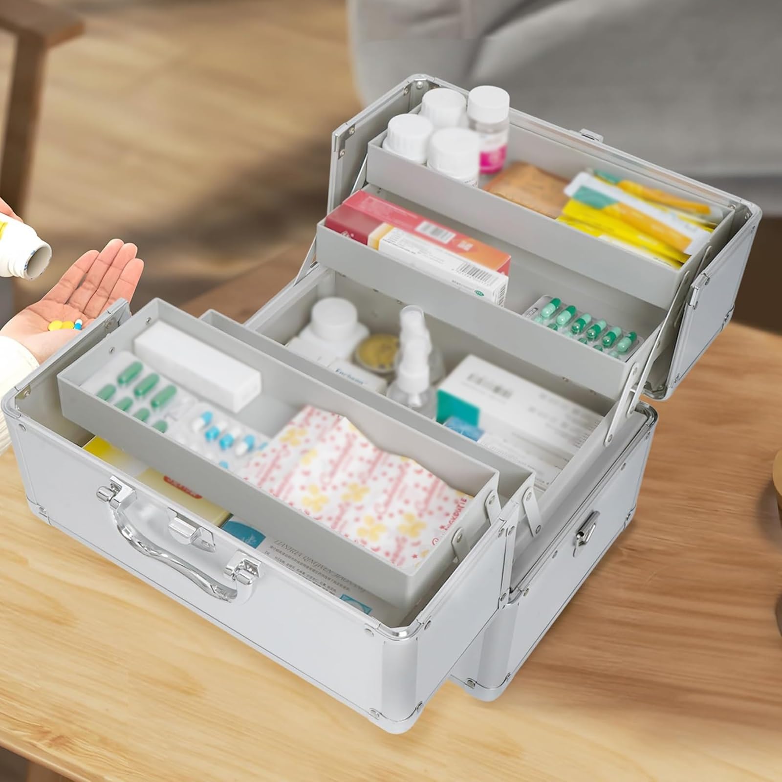 Caja de Almacenamiento de Medicamentos, caja Médica de doble Apertura, caja de Almacenamiento de Botiquín coche Multicapa Familiar de gran Capacidad(17.2 * 16.5 * 24cm/7 * 6 * 9in)