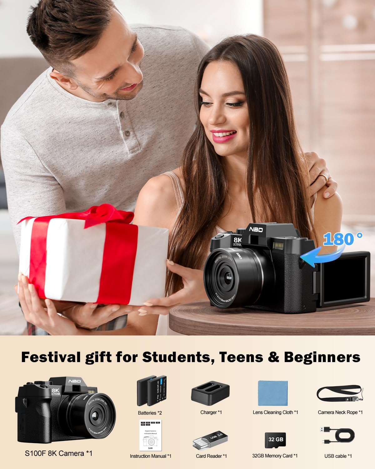 NBD 8K 64MP Digital Cameras for Photography with 16X Zoom,2026 Upgraded Autofocus Vlogging Camera with 180°Flip Screen,Point and Shoot Digital Cameras with 2 Batteries,32GB Card,52mm Macro Lens(Black)