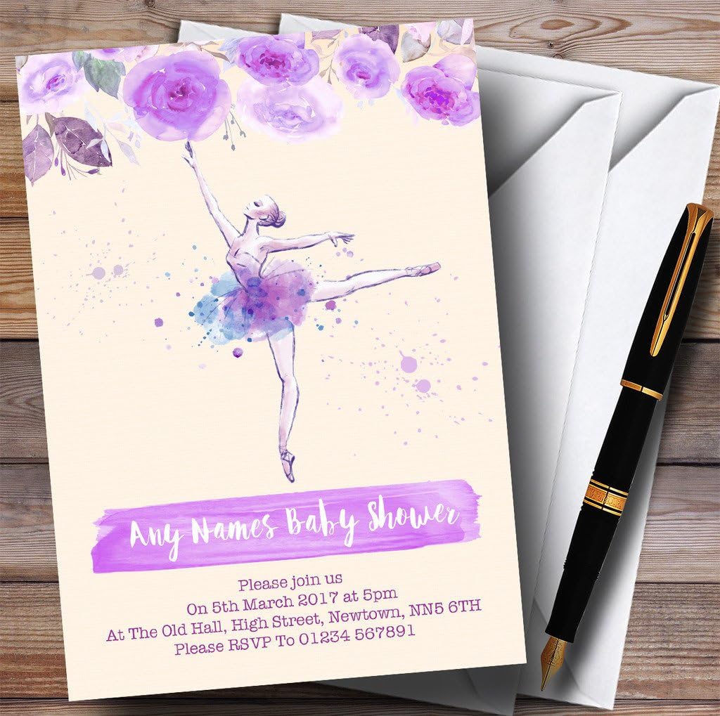 Watercolour Floral Ballerina Ballet Purple Invitations Baby Shower Invitations