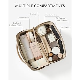 EACHY Travel Makeup Bag, Satin Portable Compartment Toiletry Bags for Traveling Women, Large Capacity Cosmetic Bag with Handle & Compartments