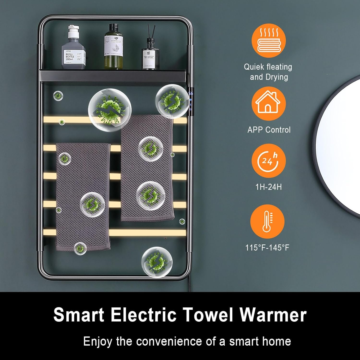 Electric Towel Warmer for Bathroom, 65W Wall Mounted Heated Towel Rack with Timer, 113°F-158°F, LED Intelligent Digital Display, Electric Towel Warmer Rack 5 Bars with Shelf, IPX4 Waterproof