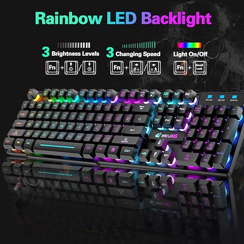 Miniatura 3 de Combo de teclado y mouse inalámbricos para juegos con retroiluminación arco iris, silencioso, ergonómico, sensación mecánica, mouse antirfantasma,