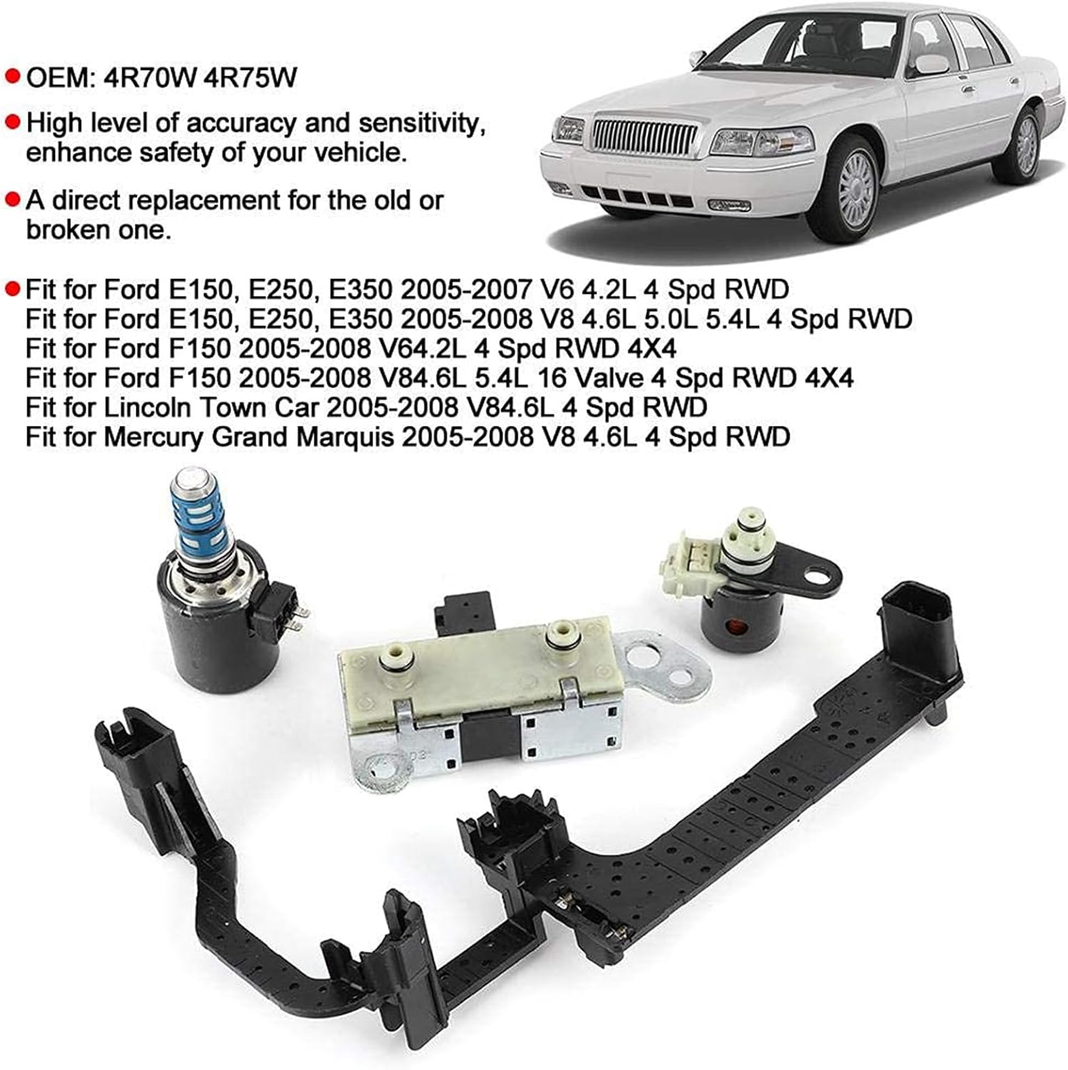 4pcs Aluminum Solenoid Valve Kit for Ford E150 E250 E350 2005-2008 4R70W 4R75W Transmission Direct OE Replacement