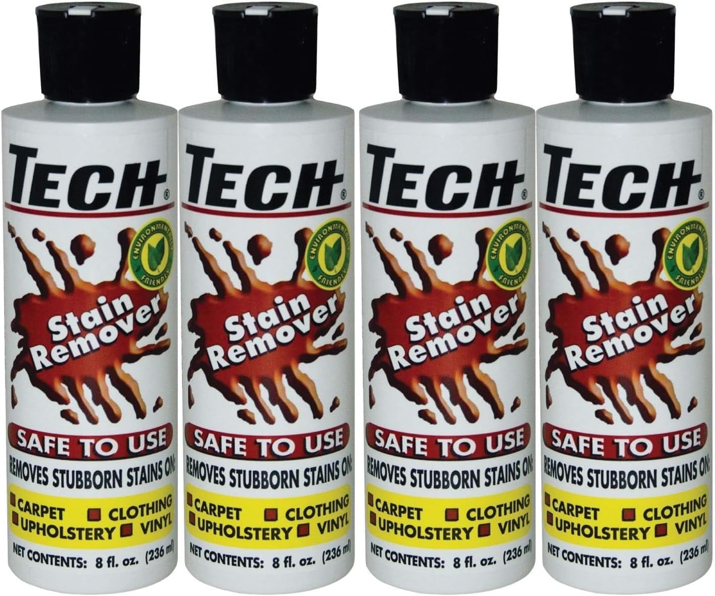 TECH Multi-Purpose Stain Remover | For Carpet, Clothes, Baby, Furniture, Pet, Upholstery, Laundry, Rug Stains | Red Wine, Blood, Coffee, Armpit Stain Remover All-In-One Solution | (8oz Bottles 4-Pack)