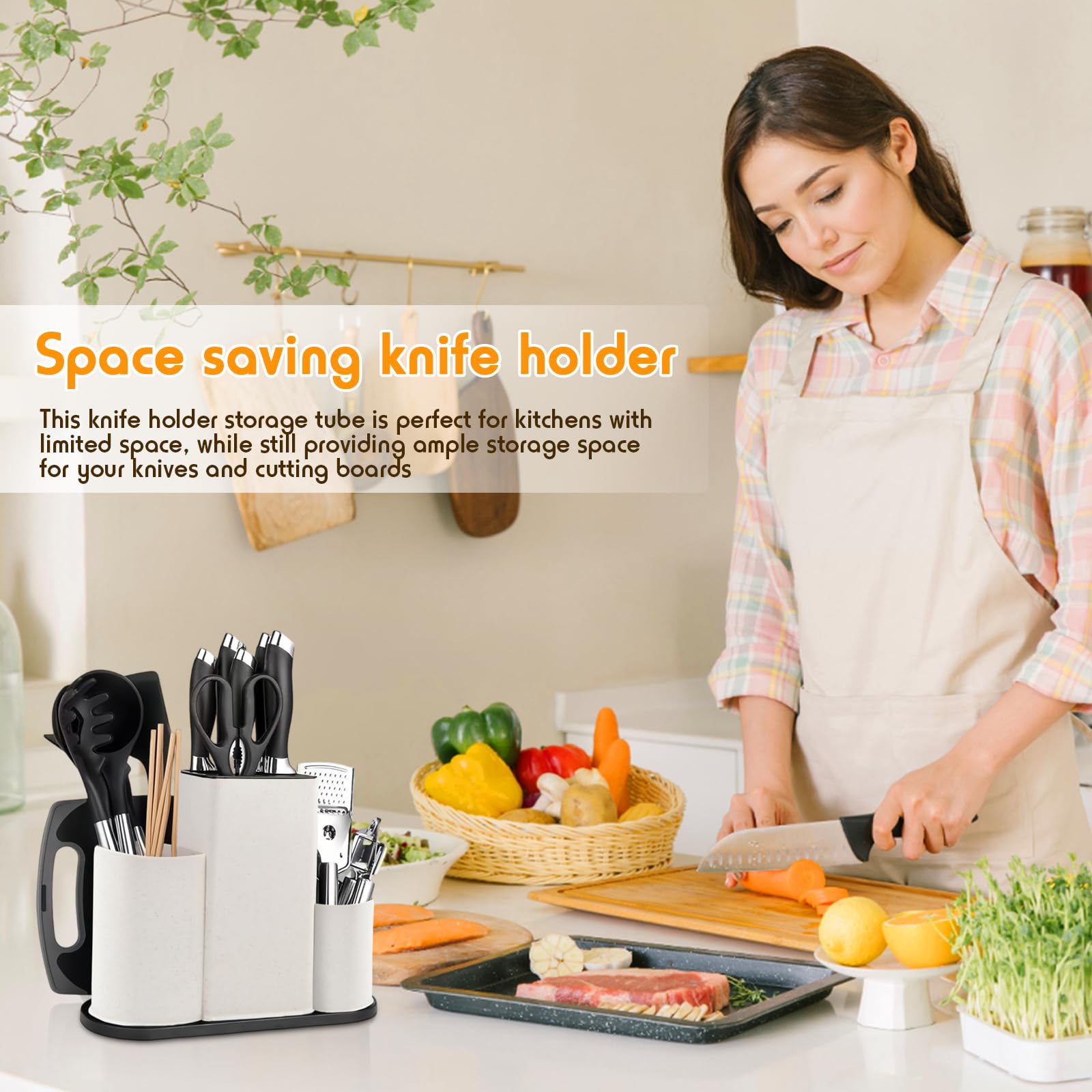 4 in 1 Ceppo Coltelli Vuoto Universale, Ceppi Portacoltelli Vuoti Quadrato, Ceppo Portacoltelli da Cucina con Fessura per Posate, Blocco Porta Coltelli, Supporto Coltello Senza Coltello (Bianco)