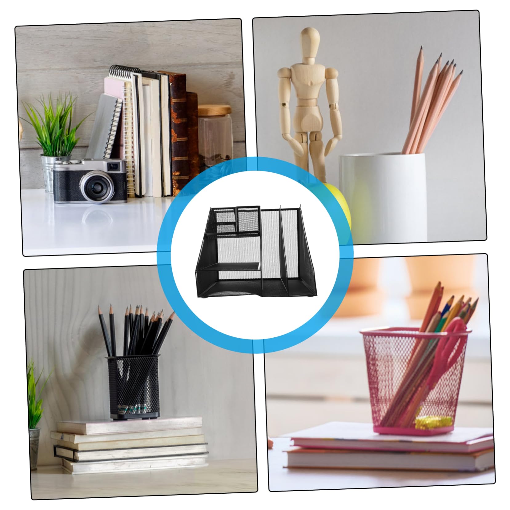 Yardenfun Schwarzer Aktenorganizer aus Eisen mit 2 Fächern und 3 Ebenen Großer Stauraum Multifunktionales Design mit Links Angebrachtem Stiftehalter für Büro