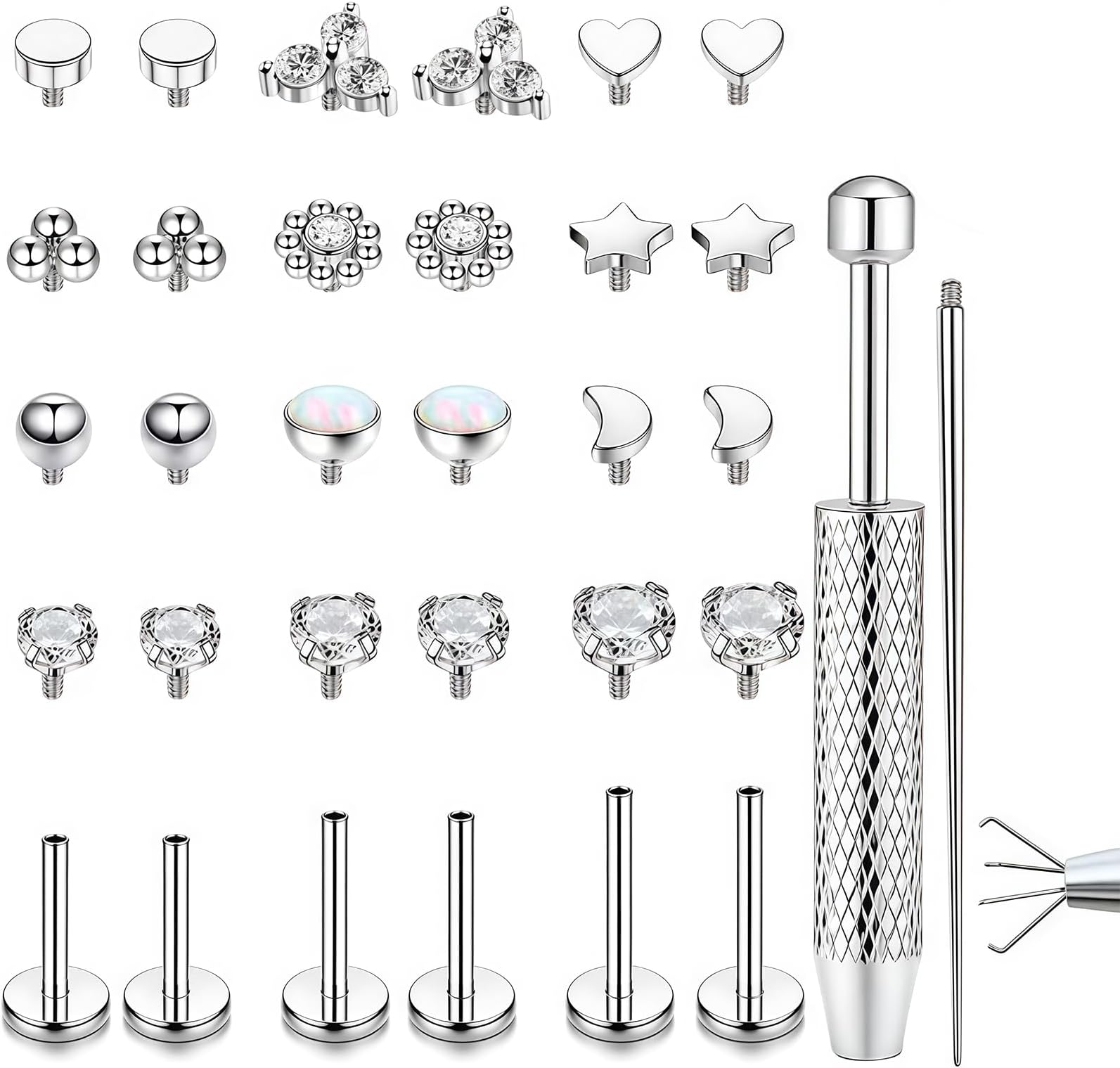 16G/18G Titanium Earrings Nose Studs, Internally Threaded CZ Flat Back Labret Studs for Tragus Helix Cartilage Conch Lip Piercing Jewellery Kit
