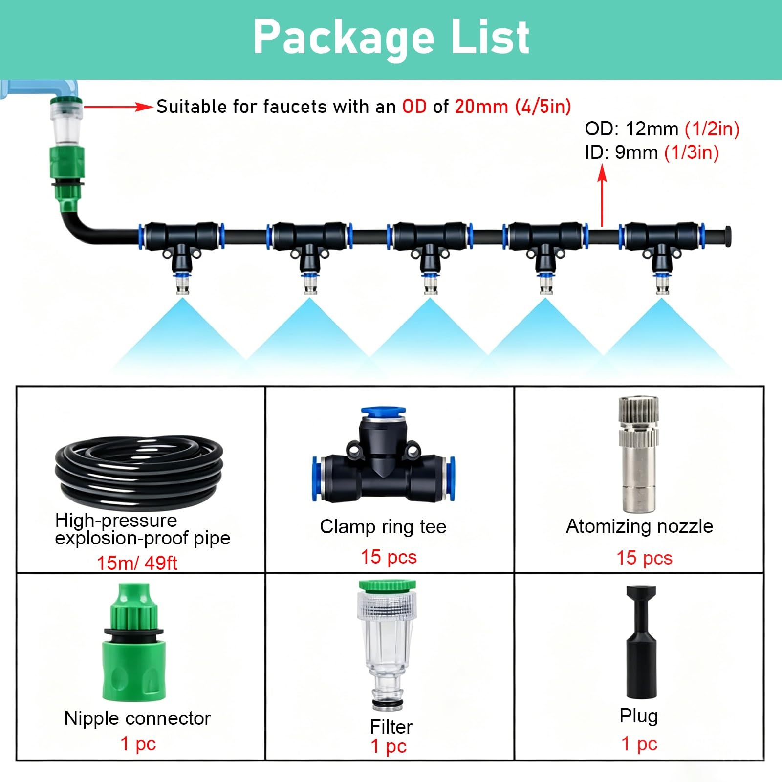 Kit Brumisateur Terrasse Système De Brumisation sur Tuyau D'arrosage : Kit D'arrosage par Brumisation avec Filtre À Eau pour Jardins, Élevages Et Serres, Incluant Un Kit(15m/49')