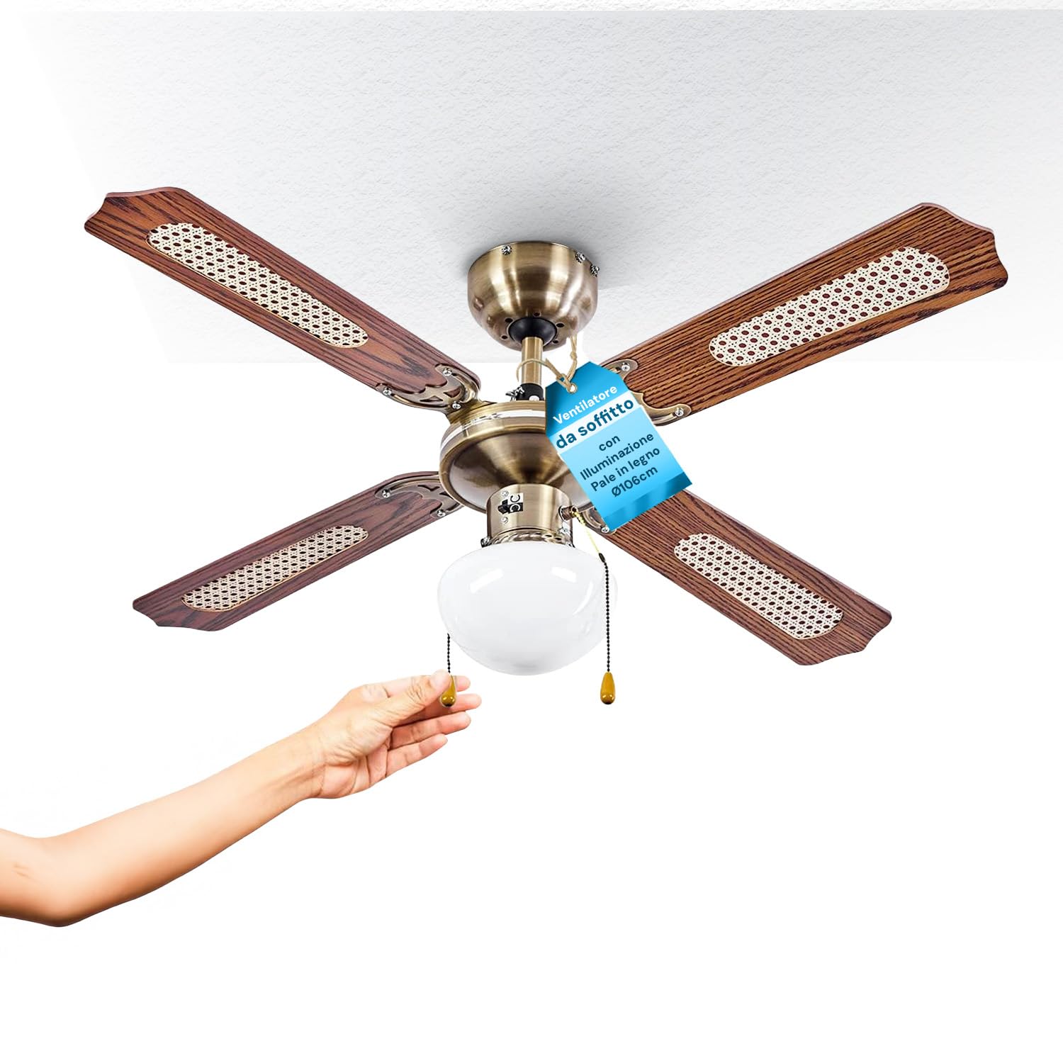Wintem - Ventilatore da Soffitto 60W con Luce Ø106 cm con Pale in Legno per Ambienti Domestici e Lavorativi, Illuminazione Integrata da Lampada E27, Motore Silenzioso e Rotazione Reversibile