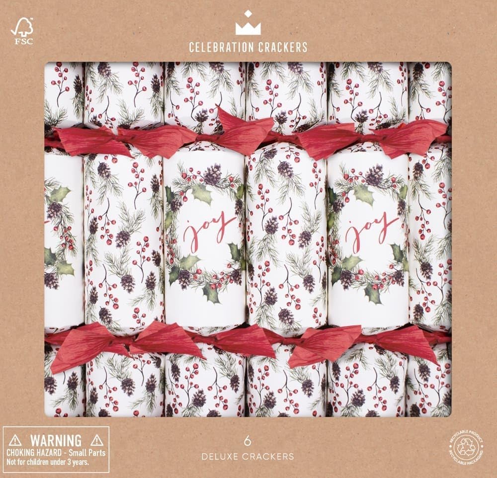 Celebration Crackers Eco Friendly Deluxe Christmas Crackers - Tray of 6 x 12 Inch - Luxury Deluxe Christmas Cracker - FSC Mix - Christmas Joy Wreath