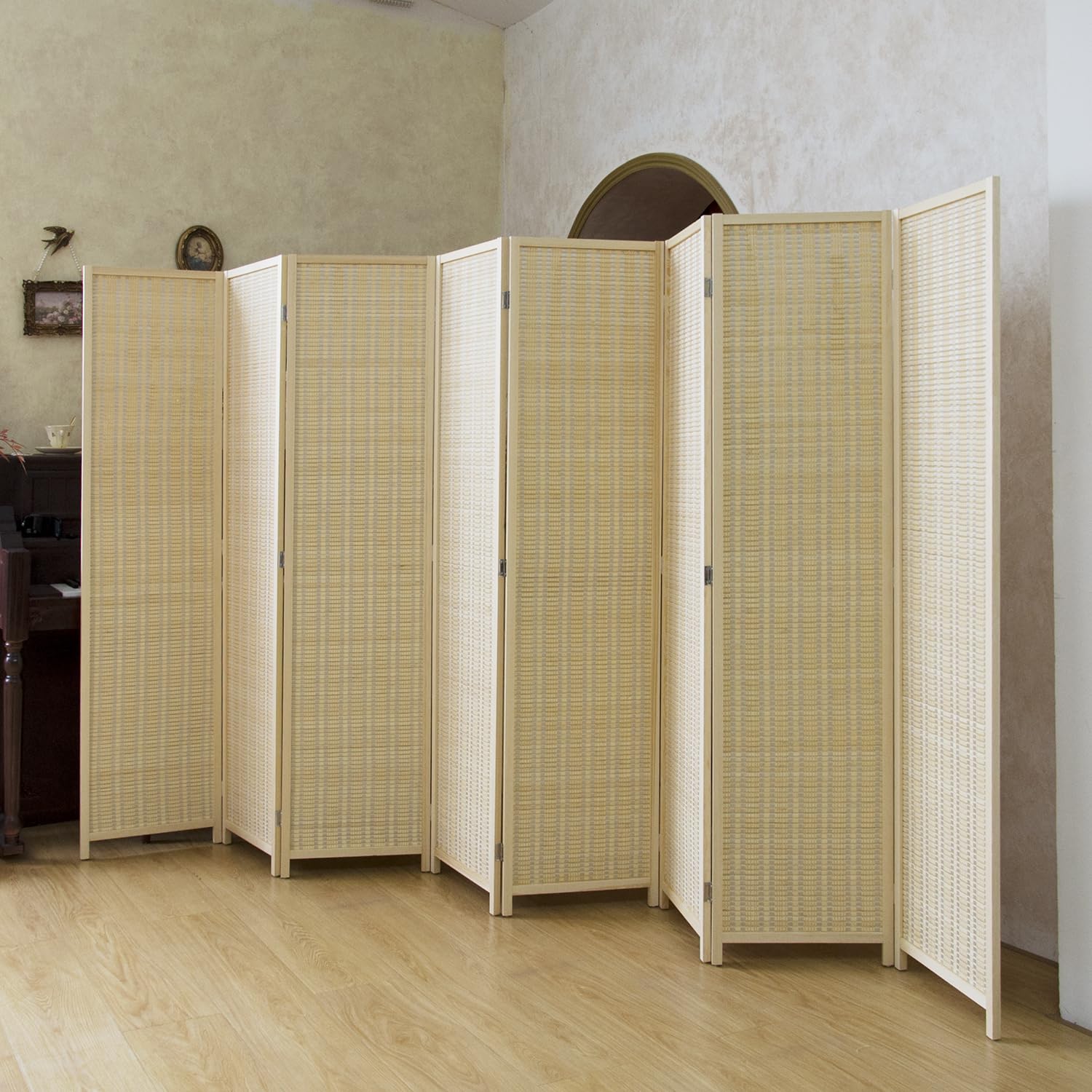8 panel bamboo room divider - 5.6 ft tall natural beige folding privacy screen, double-sided freestanding partition wall with natural wood frame for home office & corner privacy