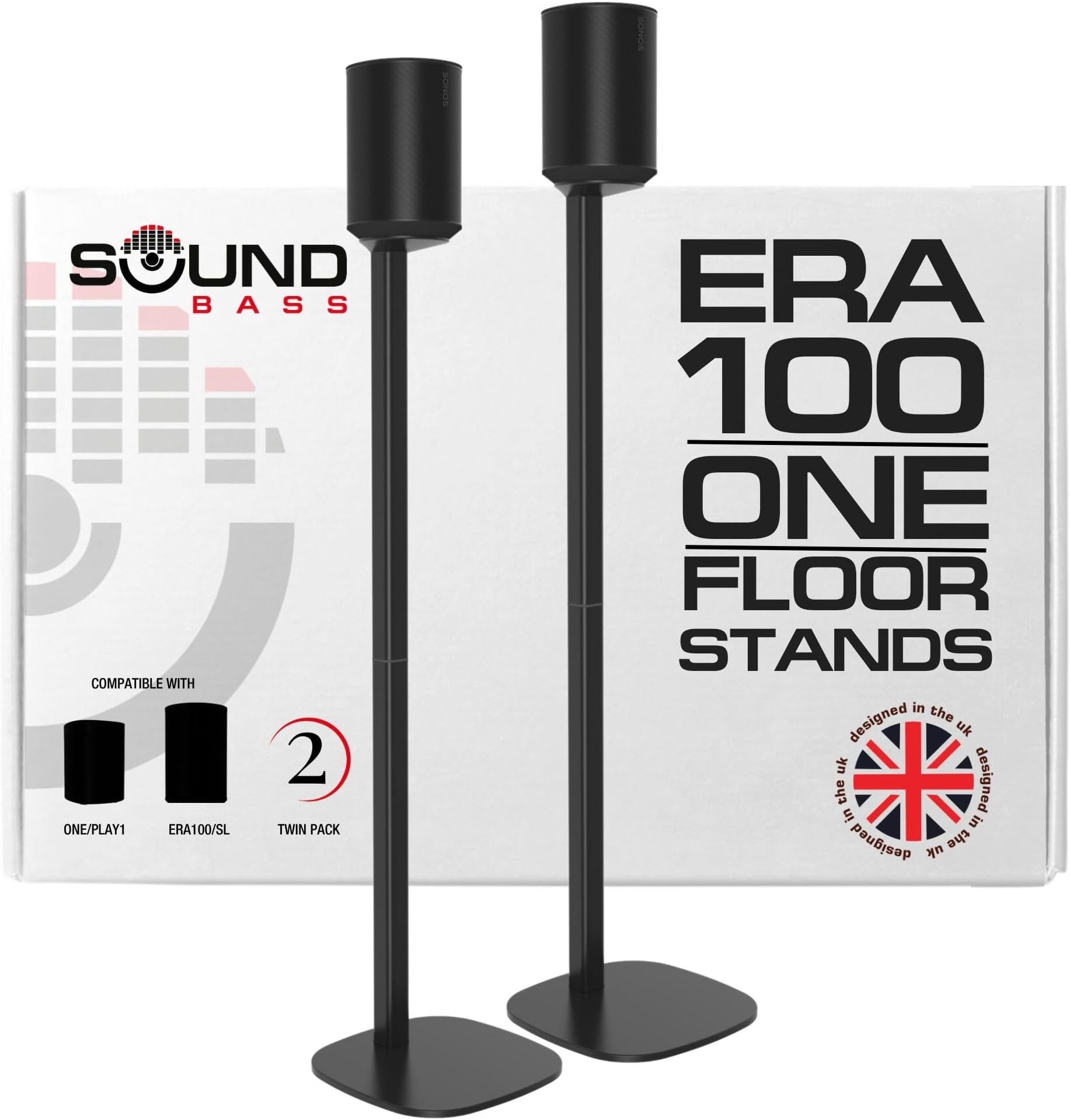 Sound bass ERA 100 Floor Stand, Twin (2pcs), Compatible with Sonos ERA100 & ERA 100 SL, Sonos ONE & Play:1 Speakers, Accessories Included. Designed in The UK, Double, Pair (Black)