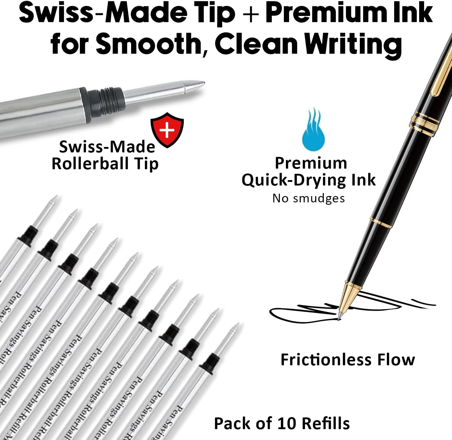 Pen Savings Rollerball Pen Refills for Montblanc Capped Pens, Medium Point 0.7mm, Frictionless Flow Smooth Writing, Threaded Tip,10 Pack (Blue)