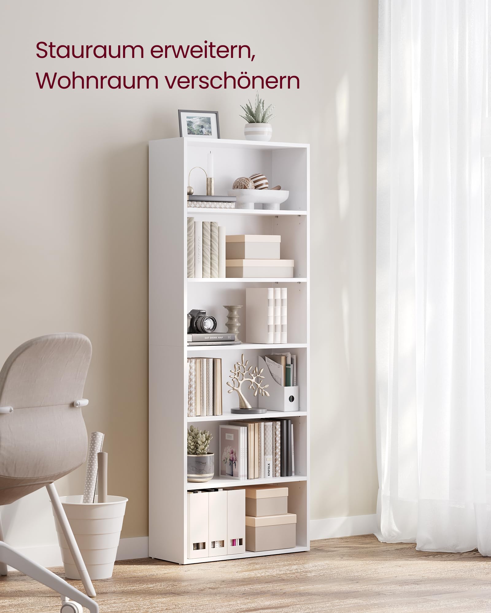 VASAGLE Custos Kollektion - Bücherregal 6 Ebenen, Standregal, Aufbewahrungsregal, verstellbare Einlegeböden, für Wohnzimmer, Homeoffice, Schlafzimmer, wolkenweiß LBC166T14