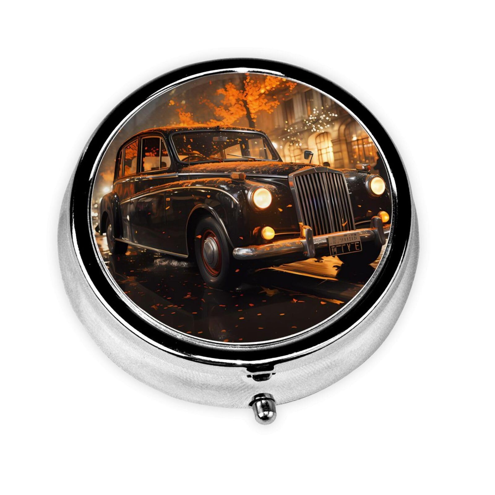 Cute 3-Compartments Round Pill Box London Black Cab Small Pill Case Portable Medicine Dispenser,for Pocket Purse