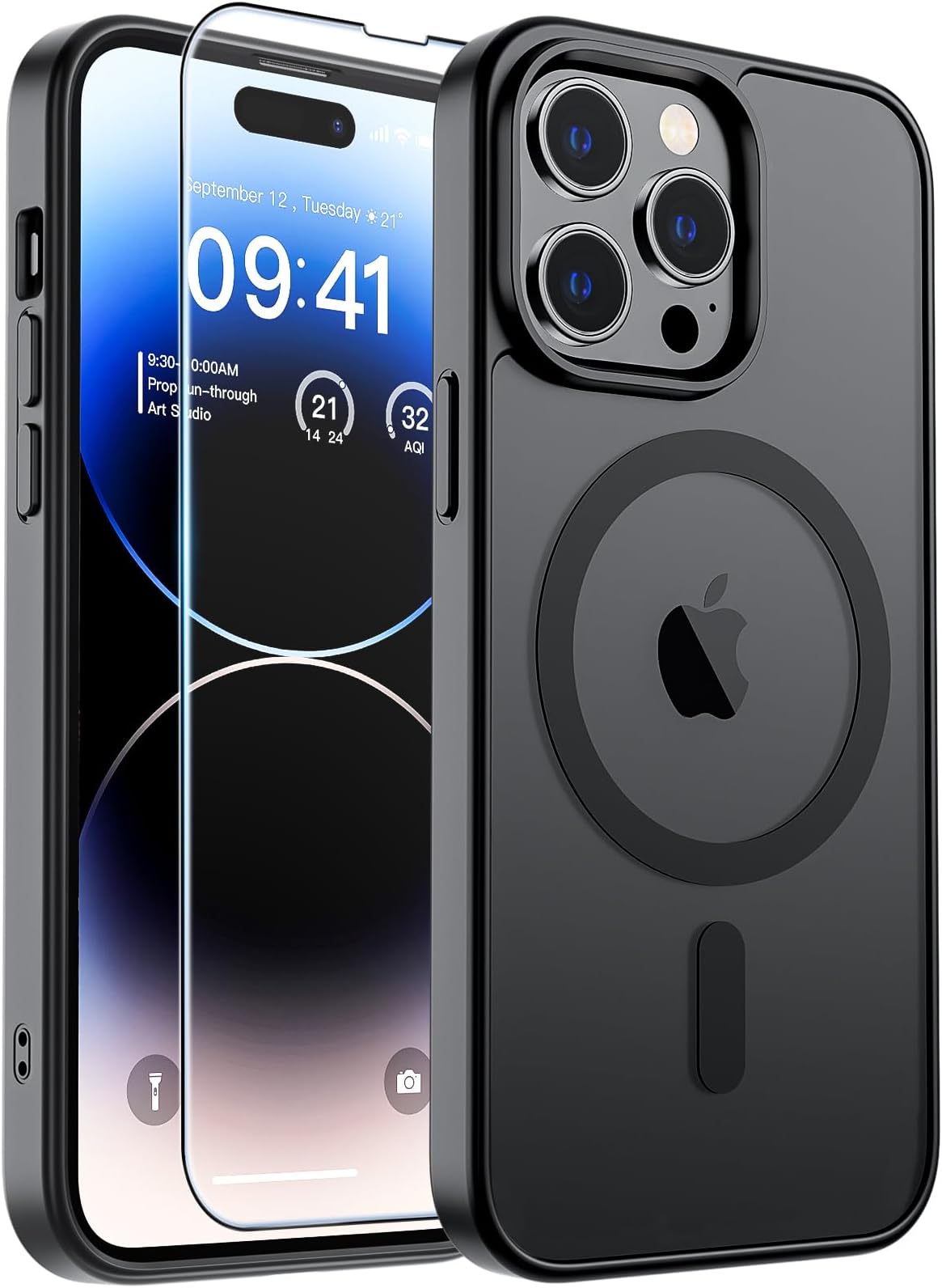 SUPFINE Magnetic for iPhone 14 Pro Max Case with Screen Protector (Compatible with MagSafe)(Military Grade Drop Protection) Translucent Matte Phone Cover,Black