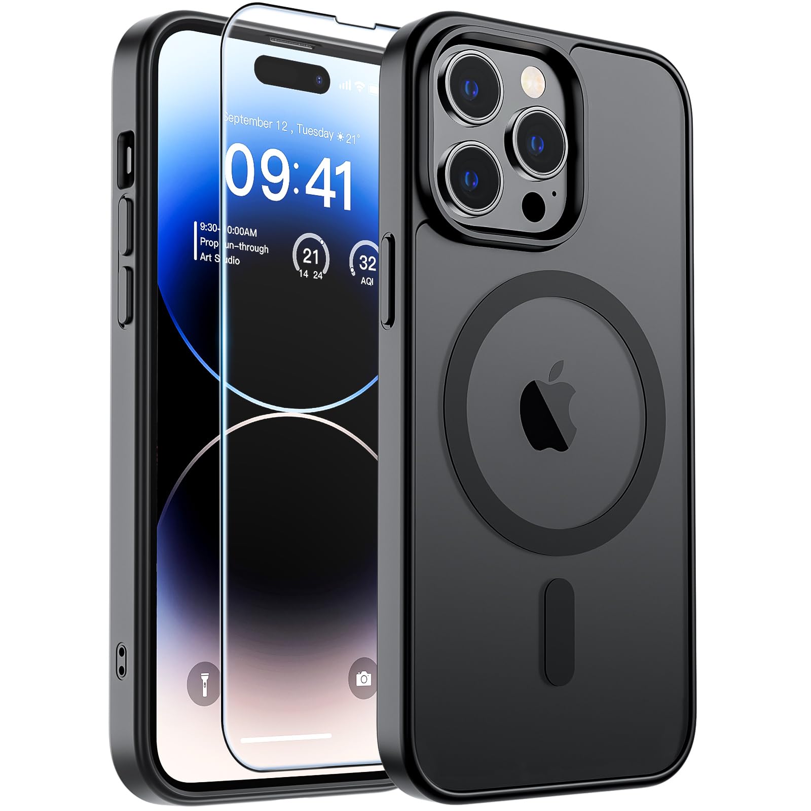 SUPFINE Magnetic for iPhone 14 Pro Case Black | With Screen Protector, Translucent Matte, Compatible with MagSafe, Military Grade Drop Proof, Rugged Shockproof Protective