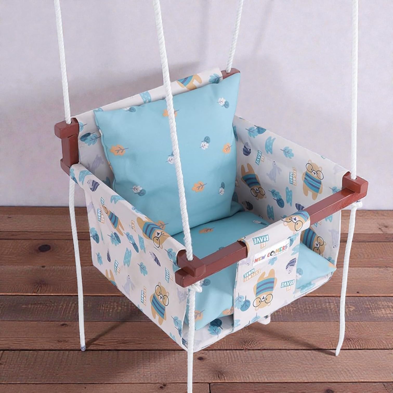 Cotton Swing for Kids, Jhula for Baby, Baby Swing Hanging Indoor Outdoor, Baby Garden Swing with Safety Belt & 2 Pillows (6 Months to 4 Years) (Up to 20 kg)-Beige-Blue (TC 150/300) 906