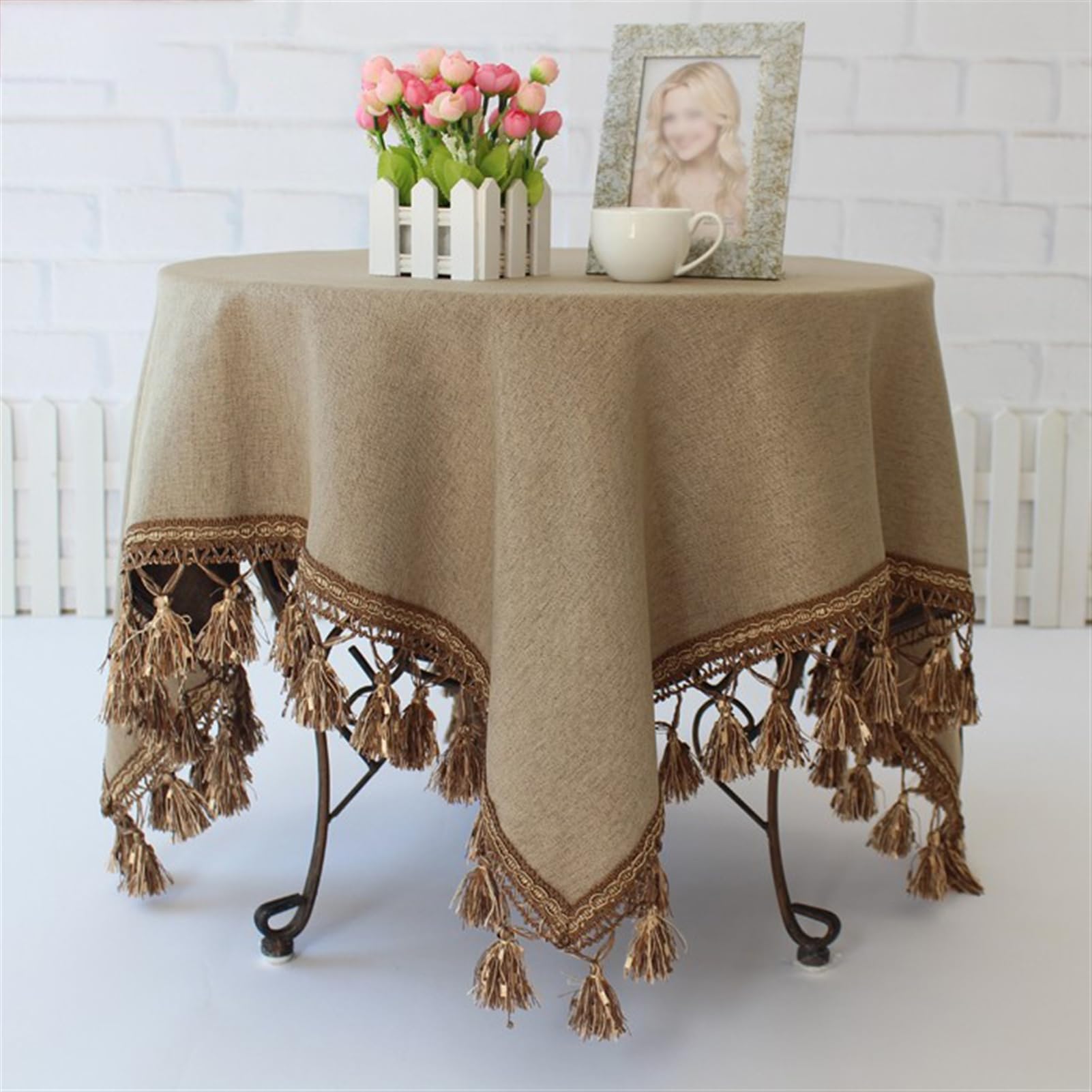 Mantel De Lino Y Algodón Pesado, Mantel Redondo Con Borlas A Cuadros Para Decoración De Mesa De Cocina, Comedor, Redondo, 70 Pulgadas, Color Gris