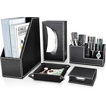 KINGFOM 5 Pcs Office Accessories Multifunctional Task Organizer Set PU Leather Tissue Case File Box Valet Tray Storage Box Sticky Note Case Black
