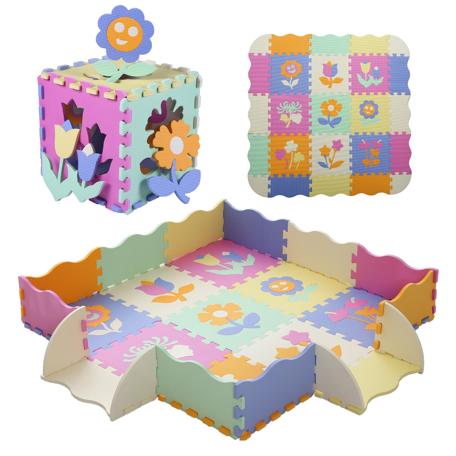 Tamiplay Foam Play Mat for Kids，25Pcs Square Interlocking Puzzle Floor Mat，Baby Play Mat Floor Mat Foam Puzzle Playmat for Toddlers with Fence（