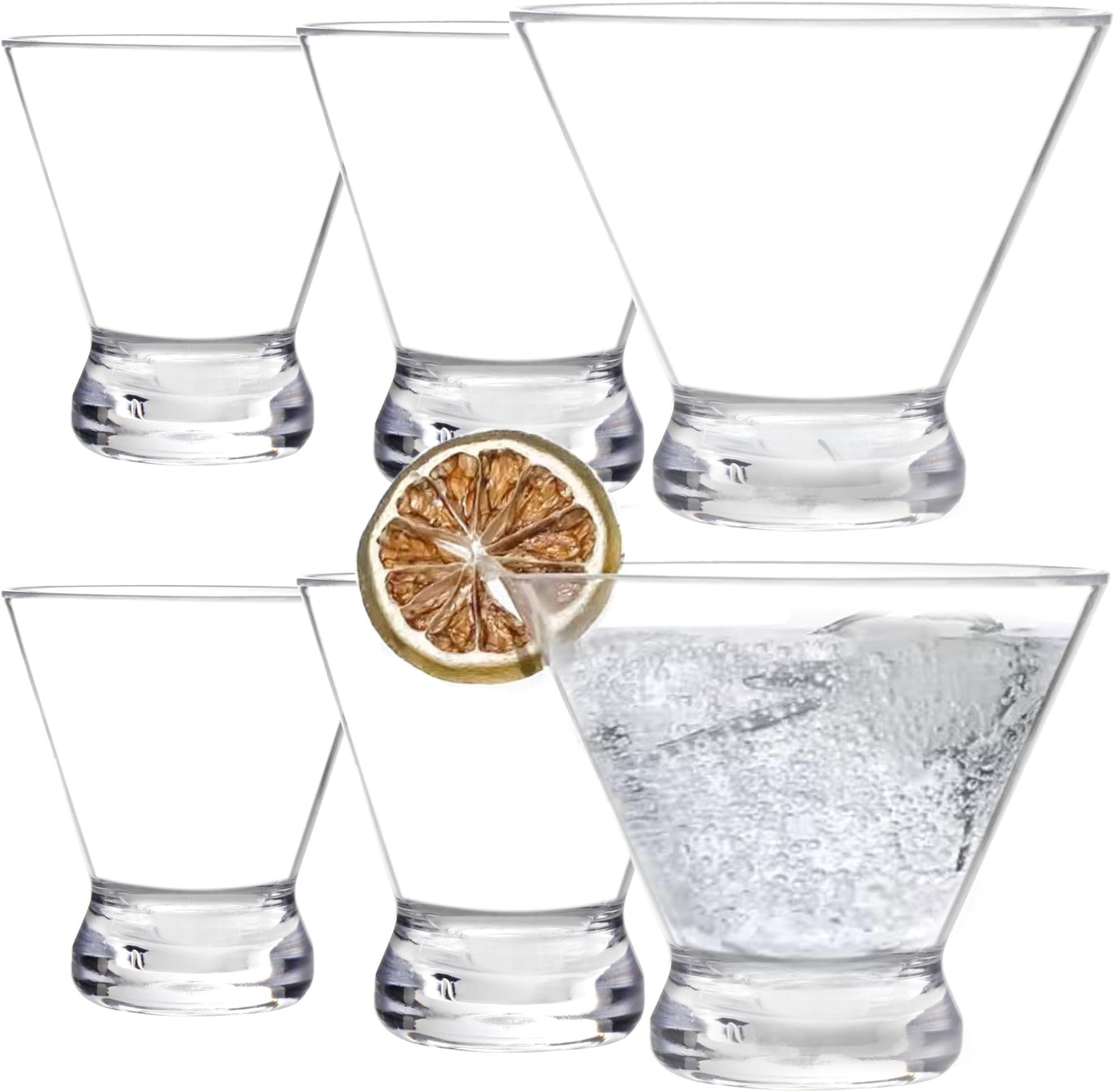 6 Pack Plastic Martini Glasses, 8 Ounce Shatterproof Martini Cups, Stemless Martini Glasses