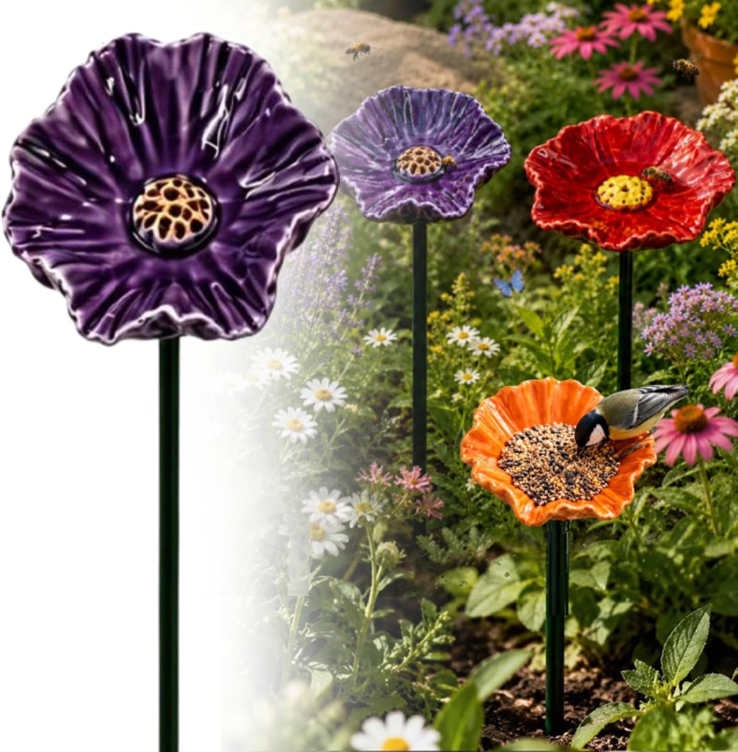 Ceramic Bee Watering Station for Garden, 25cm Bee Blossoms for Water Ceramic, Pollinator Feeder Flowers for Bees, Water Drinking Station Bowl, Rain Catcher Mini Bird Baths On Stakes (Purple)