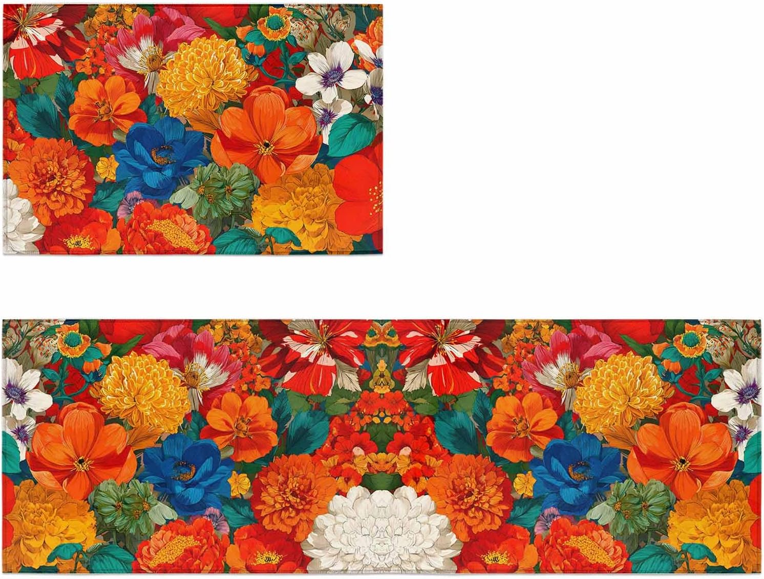 Kitchen Mats for Floor Watercolor Boho Blue Red Orange Flowers Washable Non Slip Kitchen Rugs 2PCS, Vintage Floral Absorbent Standing Mats for Sink Bathroom Office Living Room 15.7x23.6in+15.7x47.2in