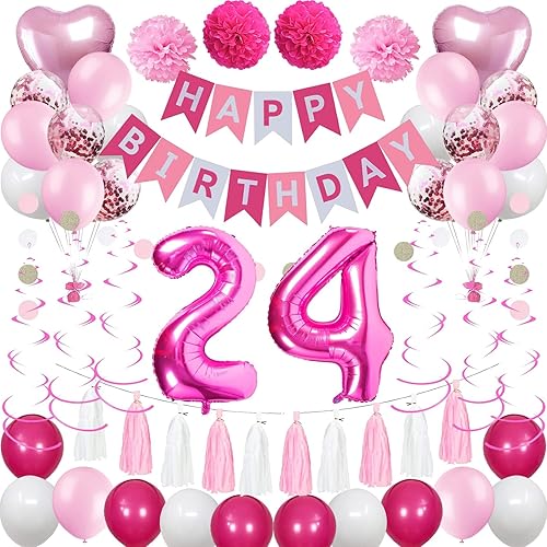 Dulces decoraciones de cumpleaños 24 para mujer 24 globos de feliz cumpleaños suministros de fiesta de cumpleaños 24 para su novia esposa incluyendo