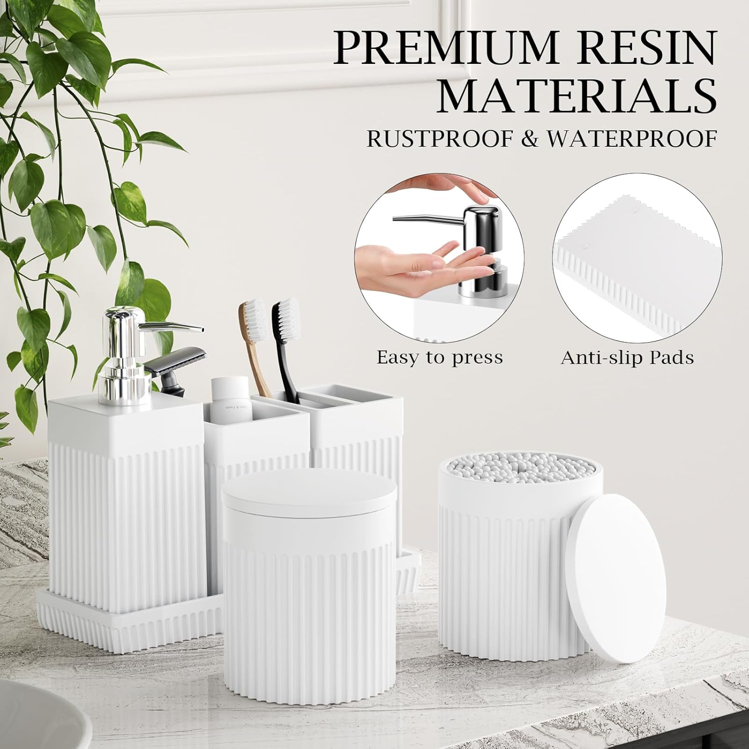 6-Piece White Bathroom Set - Modern Resin Bathroom Accessories Set with Soap Dispenser, Toothbrush Holder, Vanity Tray, Tumbler & Apothecary Jars for Small Spaces - Image 4