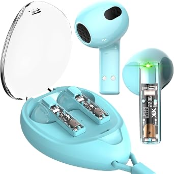 aigo True Wireless Earbuds with Transparent Case and Neck Lanyard, Bluetooth 5.4 Headphones with Touch Control, Water Resistant, 2 Mics for Clear Calls and Super Shine Blue