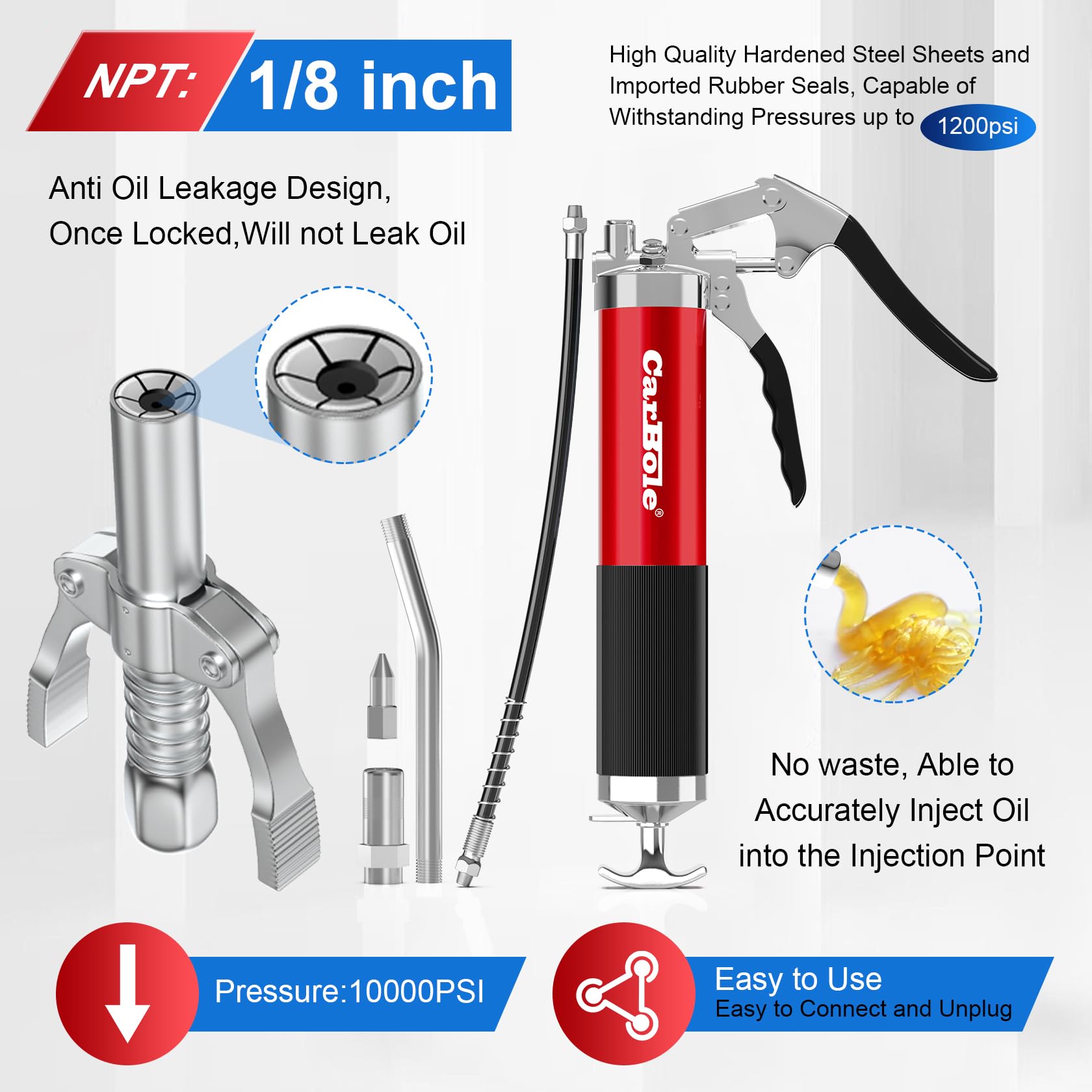 CarBole Grease Gun 8000PSI with Coupler and 3 Flexible Hoses and Metal Extension Tube,With Four Nozzle Types and Suitable for Different Scenarios,Compatible with 400cc Cartridge - Image 3