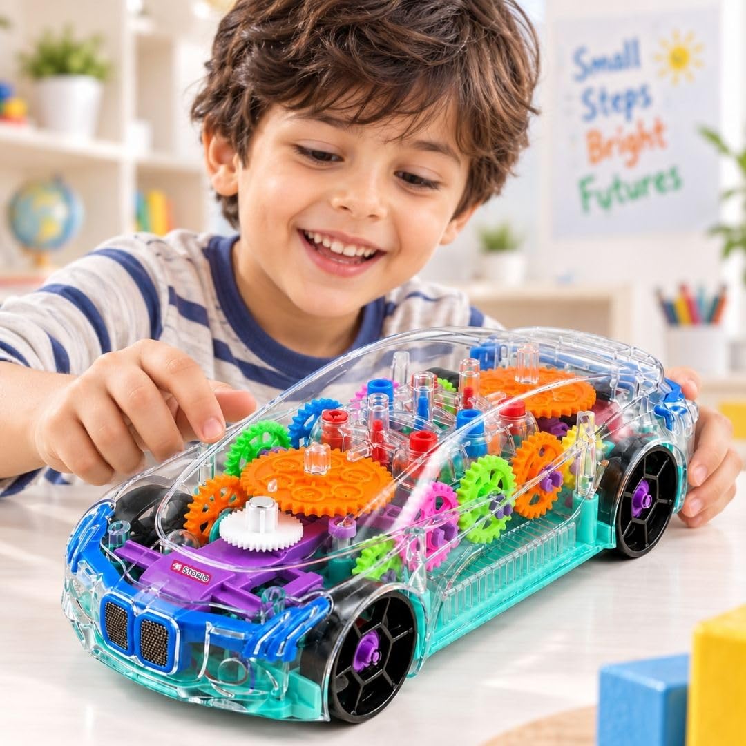 Storio 3D Baby Car Toy with 360 Degree Rotation, Gear Simulation Mechanical Car with Sound Music & Light Toys for Kids Boys & Girls, Multicolor