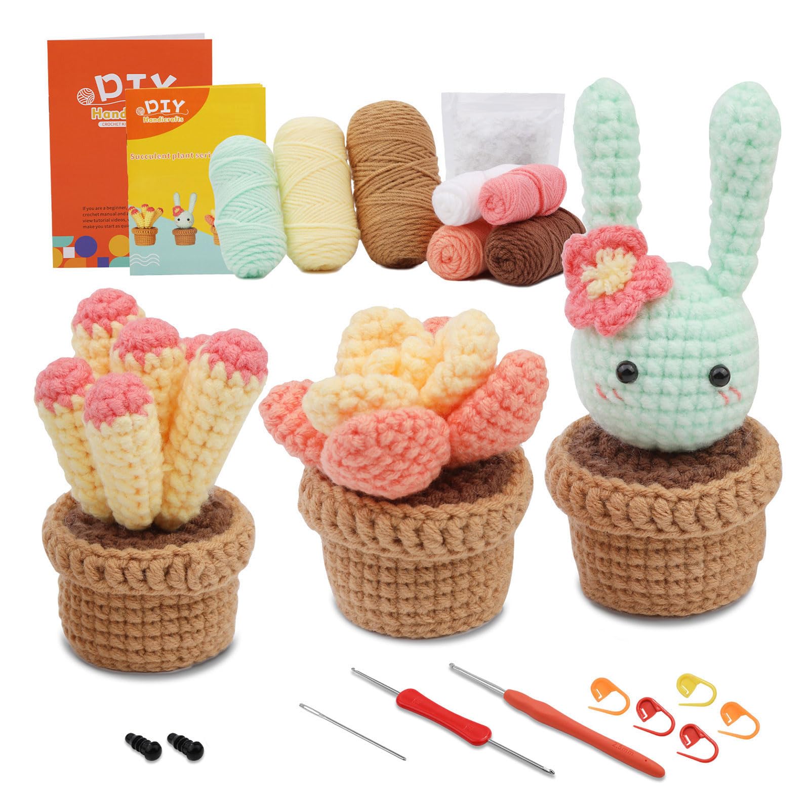 Buxuaaaa Crochet Craft Set Crochet Potted Plant Kits with Hook, Yarns, Needle, Instructions, Accessories for Beginner Starter Kits for Beginner