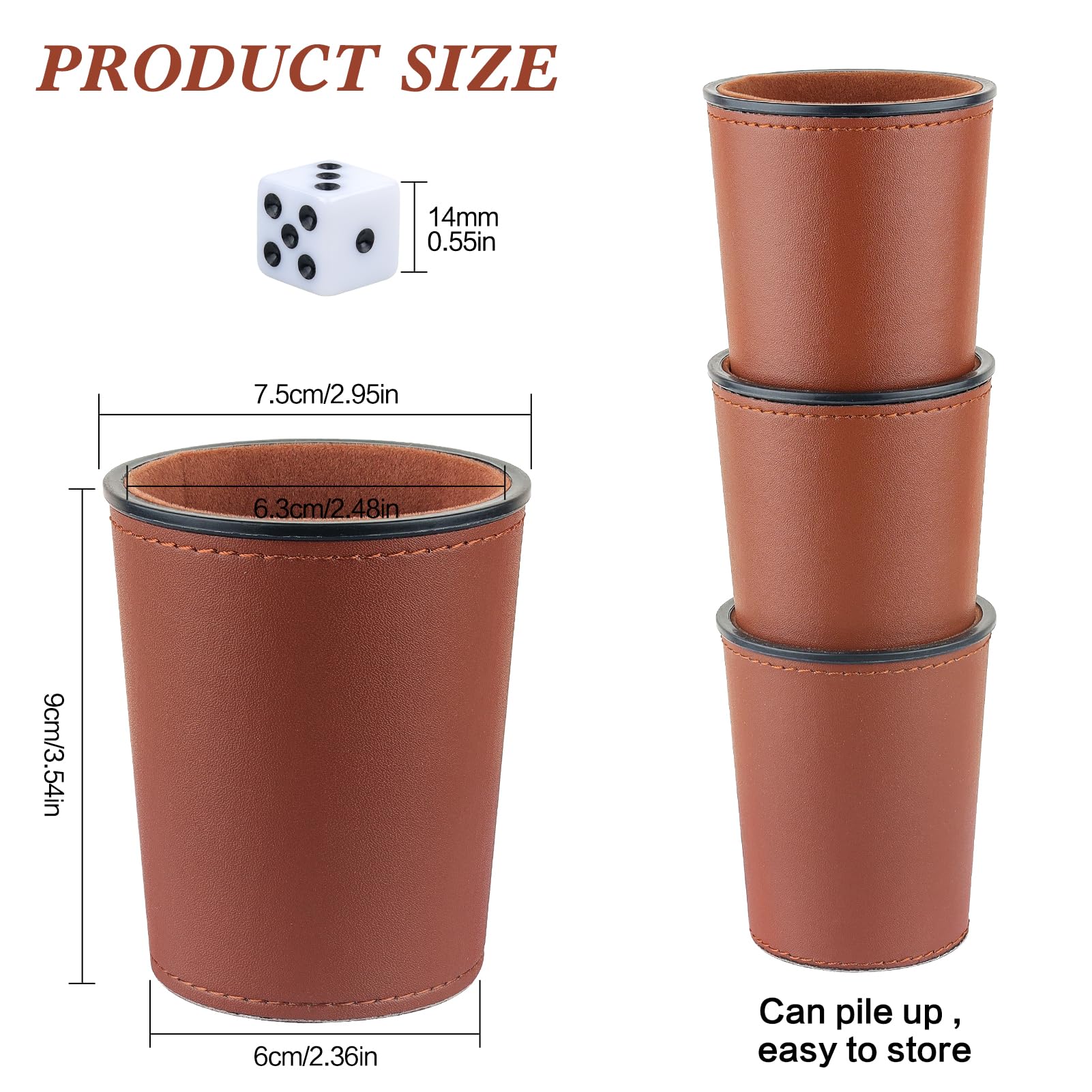 Filzgefüttertes PU-Leder-Würfelbecher-Set, 6 leise Shaker-Becher mit 36 Würfeln für Bar-Party, Yahtzee Farkle-Spiele, Dunkelbraun