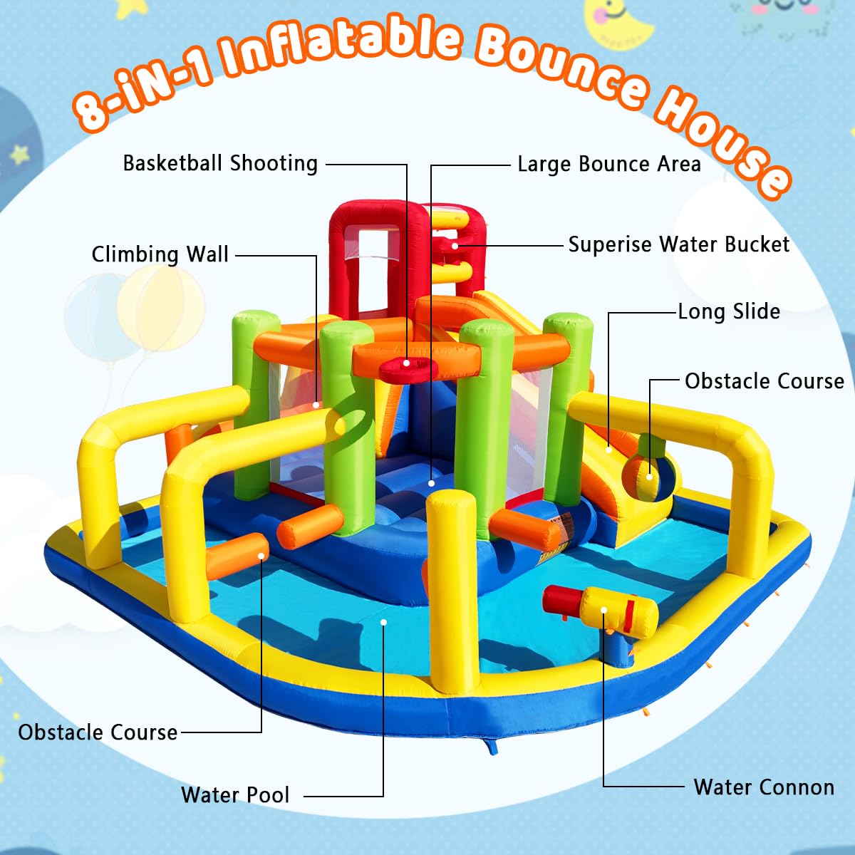 Baralir Castillo Hinchable XXL con tobogán acuático y soplador – Ideal para jardín, casa de Juegos niños al Aire Libre, Experiencia Segura en el Patio de recreo