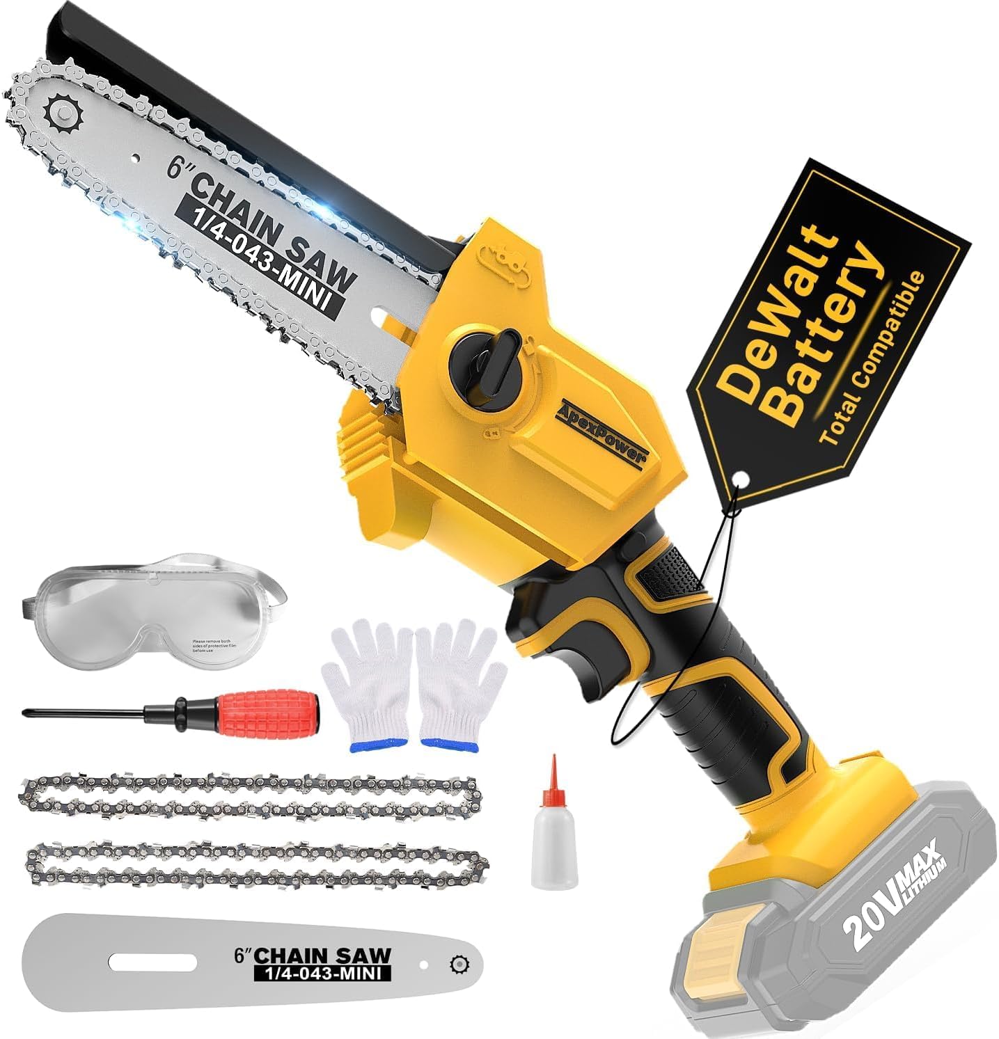 Brushless Mini Chainsaw Cordless, for DEWALT 20V MAX Battery, 6 Inch Chain Saw Battery Powered w/2 Chains, Security Lock, 1.98Lbs Lightweight, Electric Handheld Chainsaw for Wood Cutting, Gift for Men