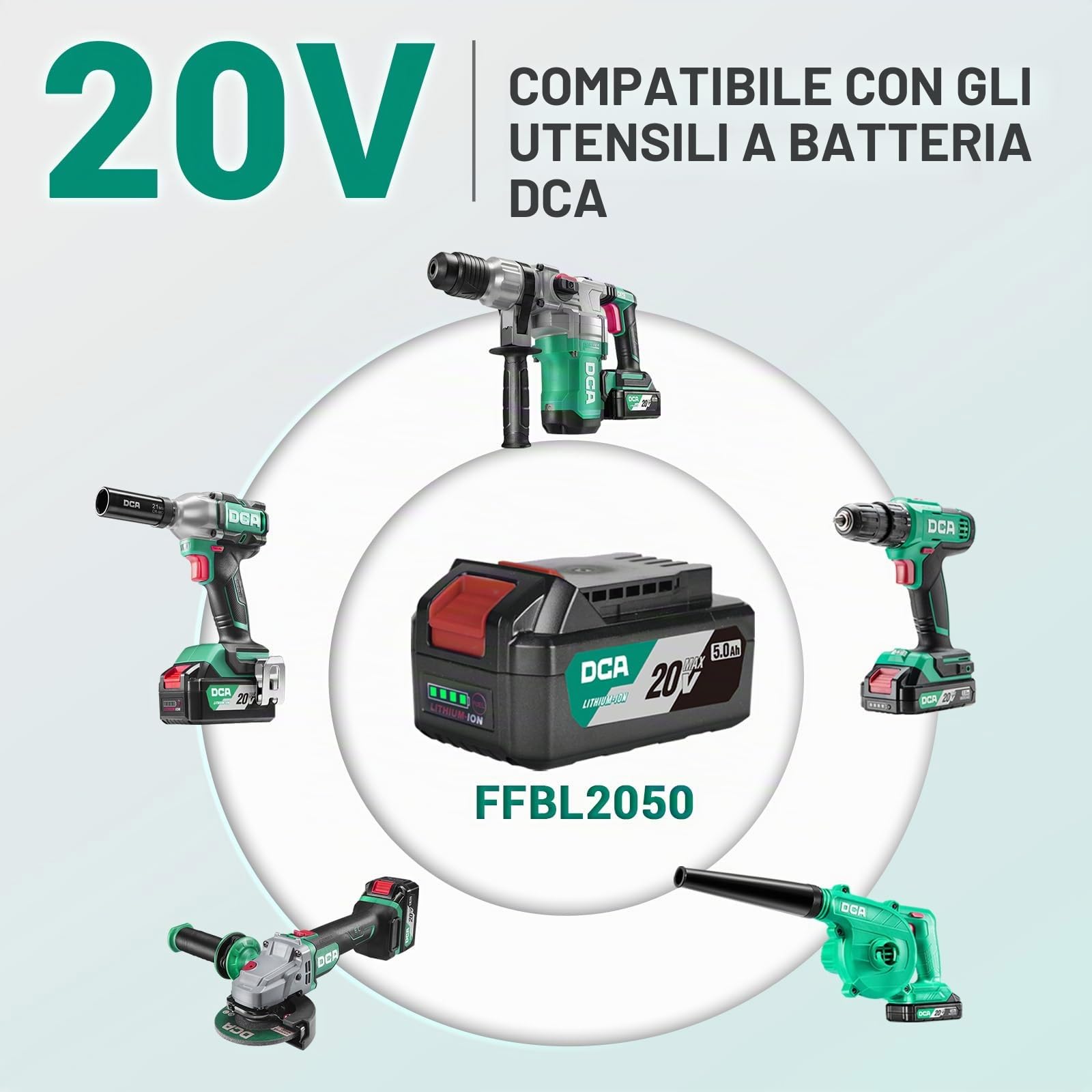 DCA 20V MAX Batteria agli Ioni di Litio, 5.0Ah Pacco di Batterie ad Alta Capacità, Compatta Batteria per Utensili da 20V, 0.64kg (FFBL2050)