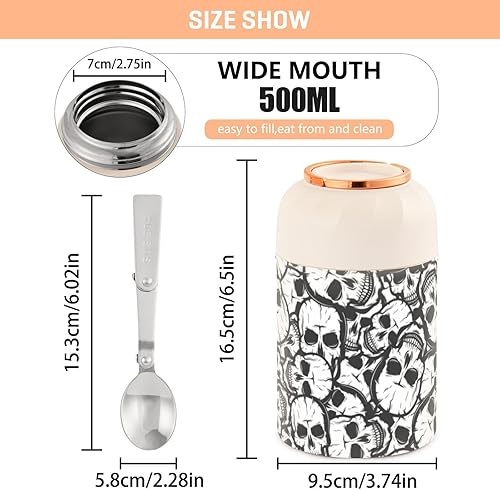 Miniatura 3 de Skulls Black White Kids Womens Food Insulated Jar with Spoon 17oz500ml Food Storage Containers Stainless Steel Vacuum Keep Warm Lunch Container for
