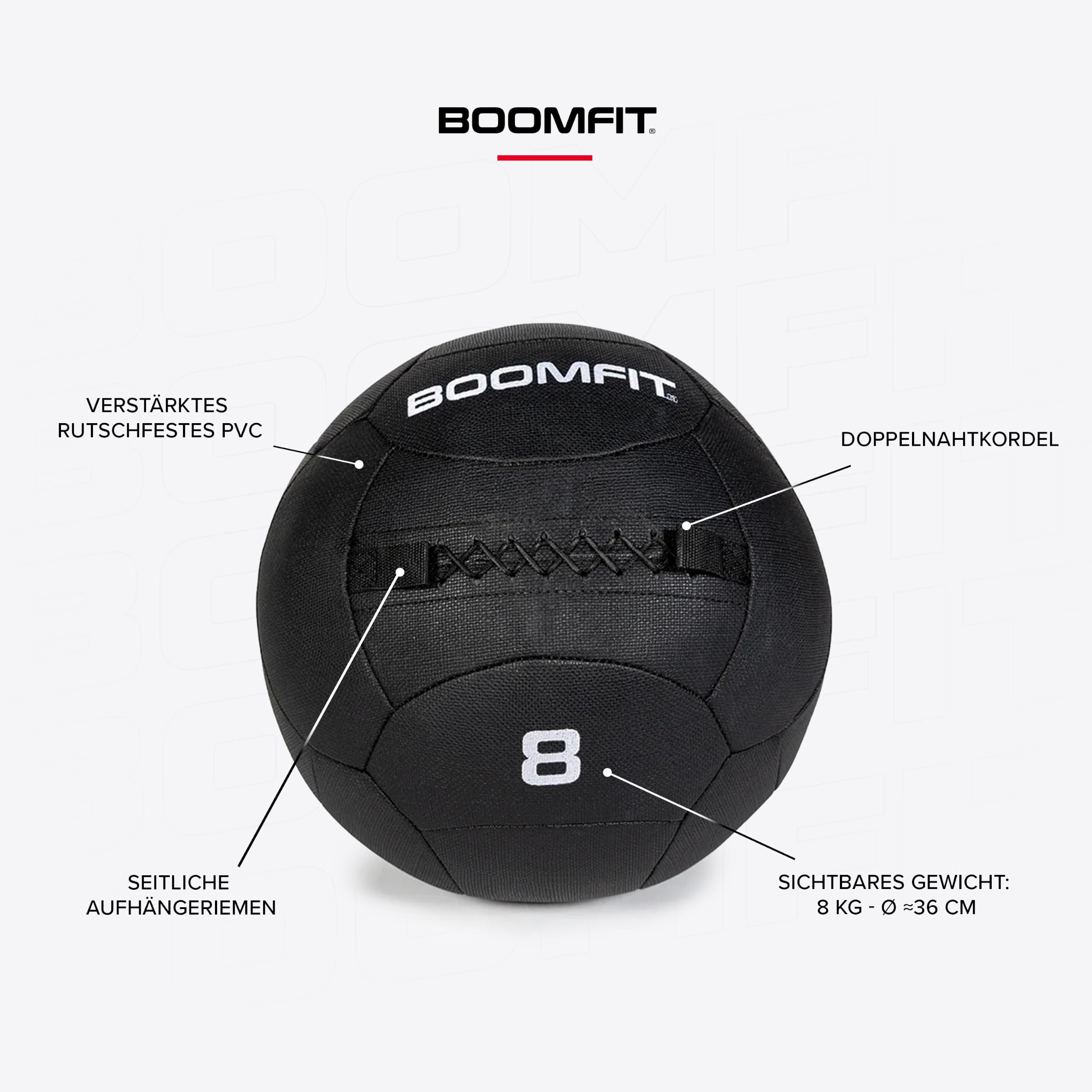 BOOMFIT Wall Ball Pro Black Edition | Medizinball Crossfit & Hyrox | PVC rutschfest, doppelte Kordelnaht und versiegelte Füllung. Schlaufen zum Aufhängen. 2 bis 12 kg für Box und Zuhause