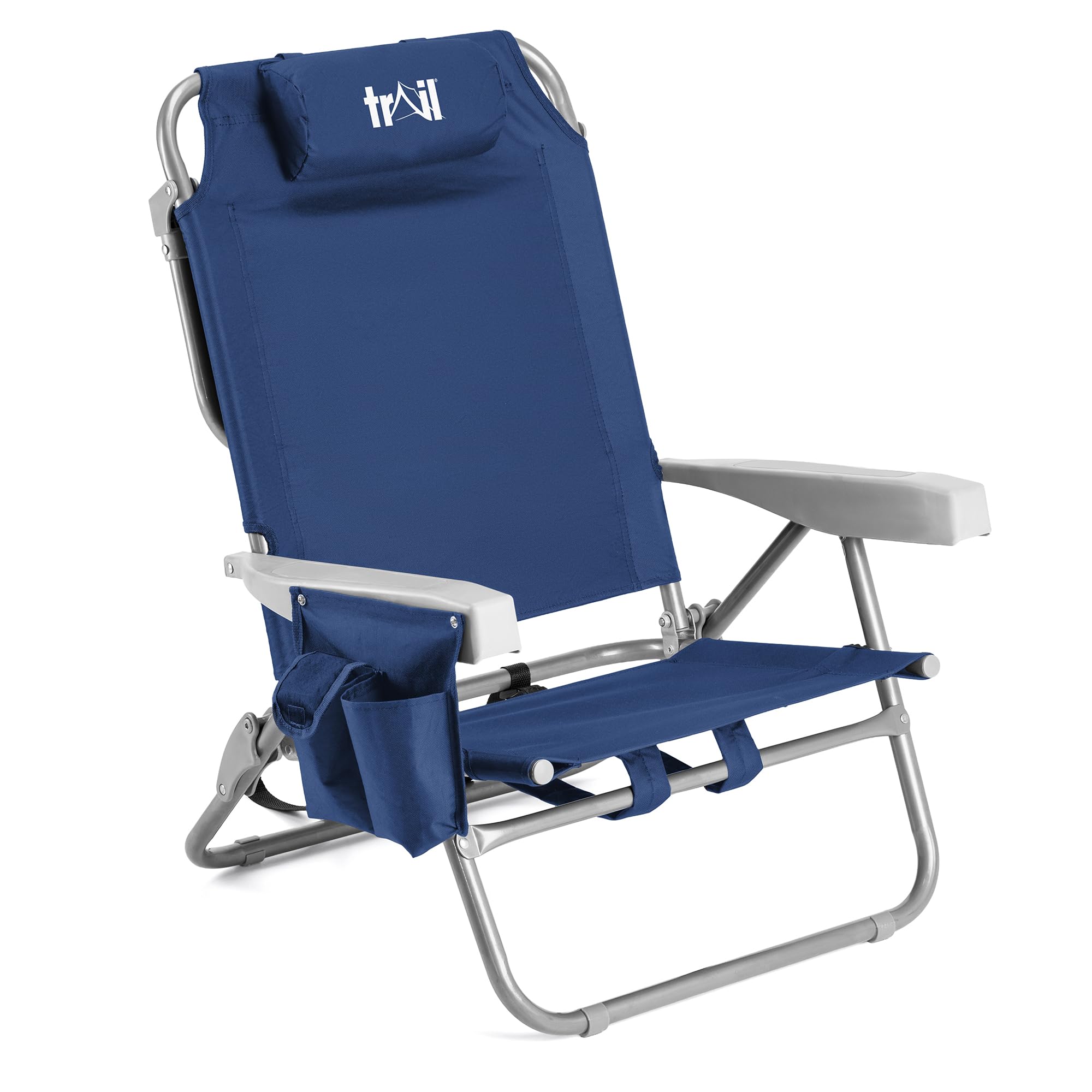 Trail Low Reclining Beach Chair, Navy Blue Lightweight Folding Recliner – Reclines to 4 Positions, Head Cushion, Drinks Holder, Storage Pouch & Backpack-Style Carry Straps, Portable Camping Lounger