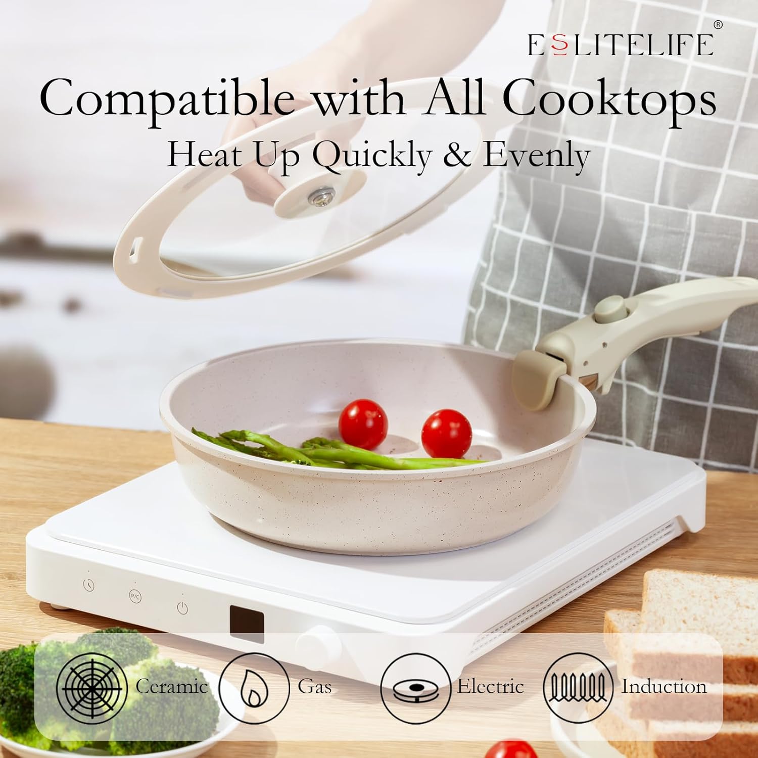 ESLITE LIFE Nonstick Ceramic Frying Pans Skillets Set with Lids & Detachable Handle, Non-Toxic Egg Omelette Kitchen Cooking Pans Compatible with All Stovetops, PTFE & PFOA Free, White, 7-Piece - Image 6