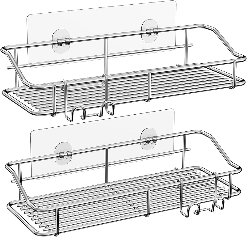 Shower Caddy Adhesive, Shower Shelves, Shampoo Holder for Bathroom | Stainless steel, 2 pack, shower rack, shower organization, with hooks, rustproof, no drilling, razor holder, silver