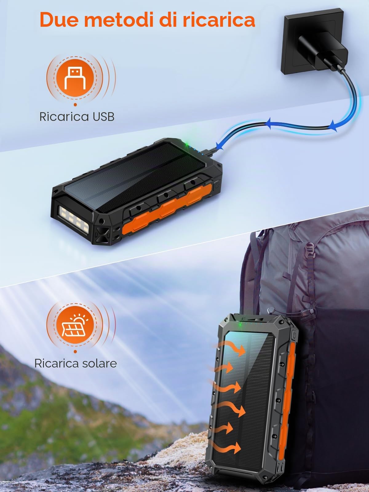 Power Bank 52800 mAh Wireless Powerbank: Solar Powerbank USB C 7 Uscite con 3 Cavo Integrato, Torcia, Caricatore Portatile per Smartphone, Campeggio, Outdoor (Arancione)