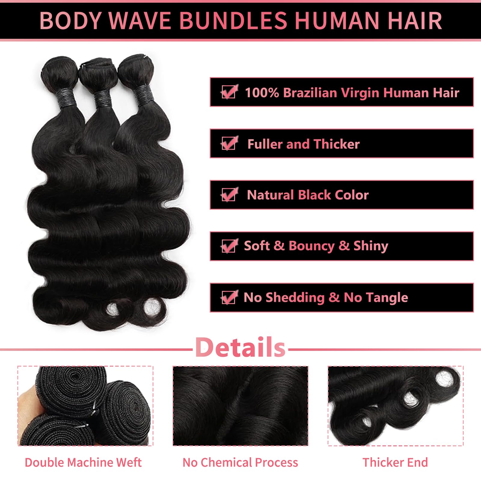 Datanala Brazilian Virgin 12A 100% Unprocessed Body Wave Human Hair 3 Bundles weave human hair Extension Natural Black Color for Women (10 12 14Inch - Image 3